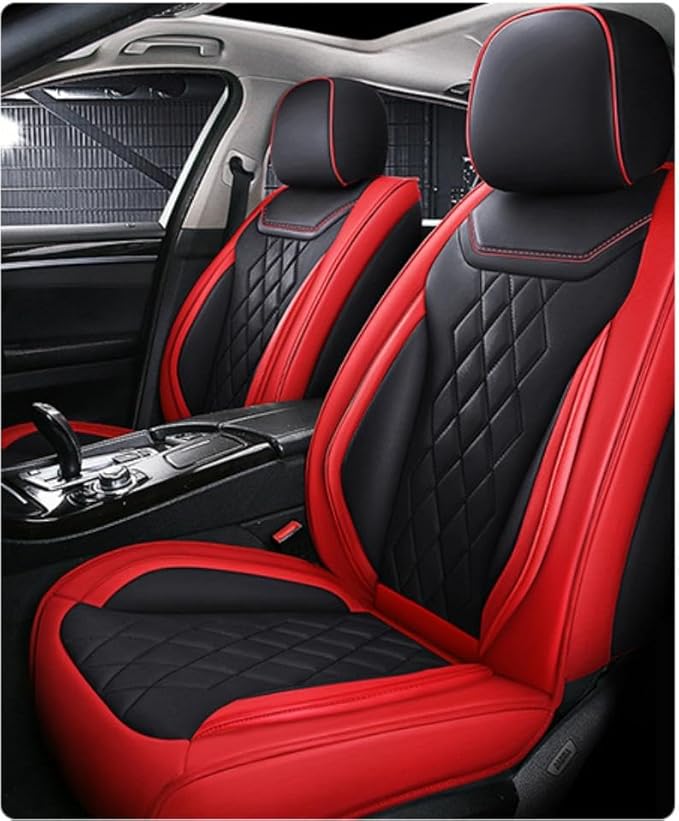 Leather Car Seat Covers for Volkswagen Atlas 2019-2023Waterproof,Breathable and Non-Slip Napa Leather Car Interior Seat Covers,Comfortable and Durable,Easy to Install(5PCS Comfort Black+Red