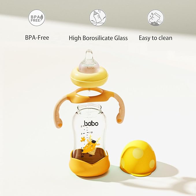 YOHKOH Natural Glass Baby Bottle with Natural Response Nipple, Wide Neck Baby Bottles with Handle, Newborn Anti-Colic Baby Bottles Gift Set, Clear (5.4oz (Pack of 2), Yellow)