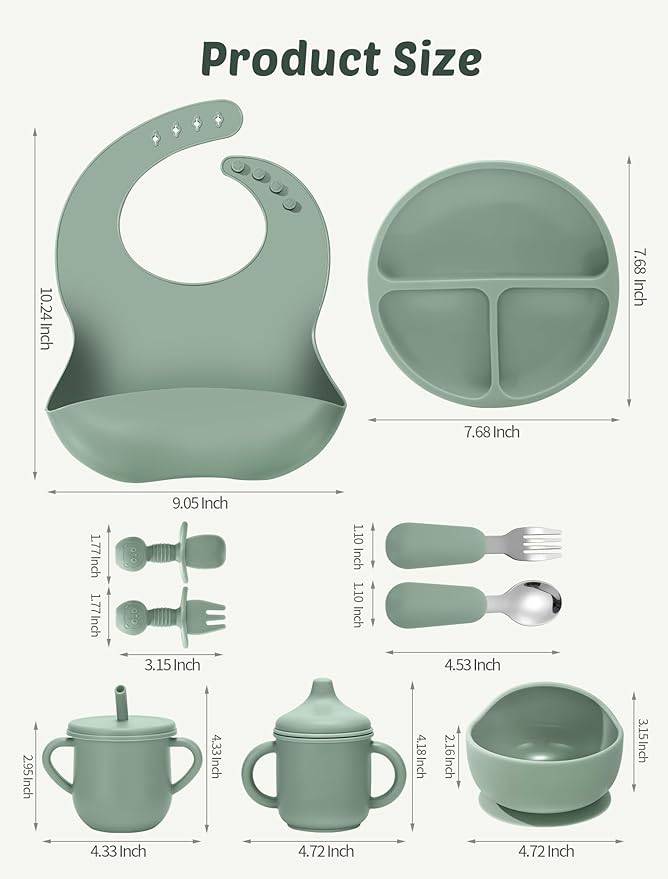 Silicone Baby Feeding Set, 18PCS Baby Led Weaning Supplies, Eating Essentials Utensils with Suction Plate and Bowl, Adjustable Silicone Bib, for 6+ Months (Pink+Green)