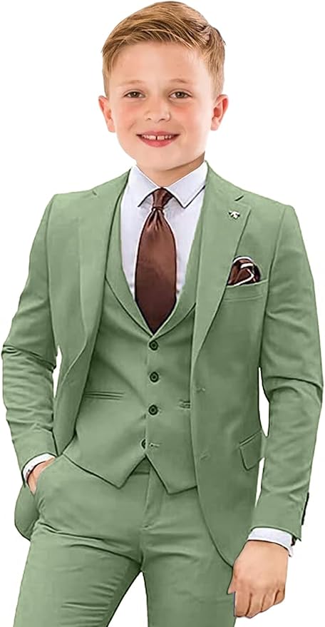 Boys Suit 4 Piece Slim Fit Kids Tuxedo Suit Formal Wedding Outfit Blazer Vest Pants Set with Tie