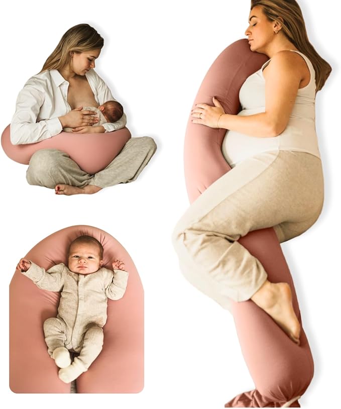 Pregnancy Pillow 5-in-1 【Cooling Cover, Adjustable Firmness】 Patented Lock Design, Turn into O-Shape Nursing Pillow, 5-Point Full Body Support, Maternity Pillow with Travel Bag - Pink