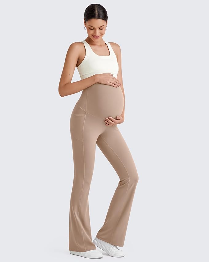 G4Free BareFeel Maternity Flare Leggings with Pockets Over The Belly Stretchy Casual Lounge Pregnancy Dress Pants for Work