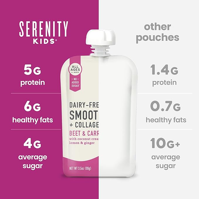 Serenity Kids 6+ Months Organic Baby Food Smoothie Pouch - Dairy-Free Beet & Carrot - USDA Certified Organic Protein Blend - 3.5 Oz, 6 Pack