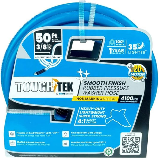 Tough-Tek TTPW3850-NM 3/8" x 50' Rubber Pressure Washing Hose: 4000 PSI, Heavy-Duty, Kevlar Reinforced, Kink-Resistant, Abrasion-Resistant, Hot & Cold Water, Commercial & Residential Use