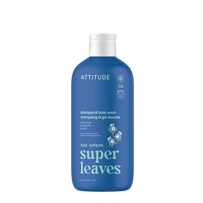 ATTITUDE Shampoo and Body Wash for Kids, EWG Verified Hair and Body Cleanser, Dermatologically Tested Soap, Plant and Mineral Based Bath Products, Vegan, Blueberry, 16 Fl Oz