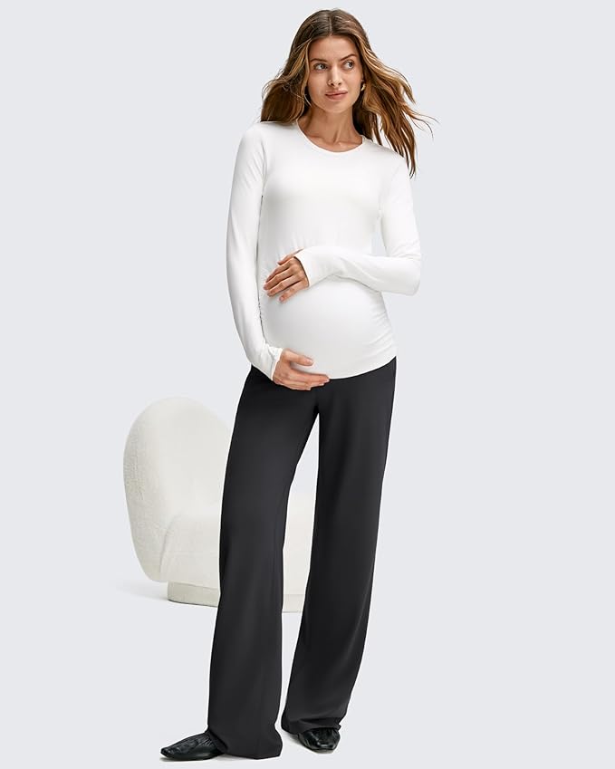 G4Free BareFeel Maternity Dress Yoga Pants with Pockets Over The Belly Stretchy Work Slack Pregnancy Wide Leg Casual Trousers