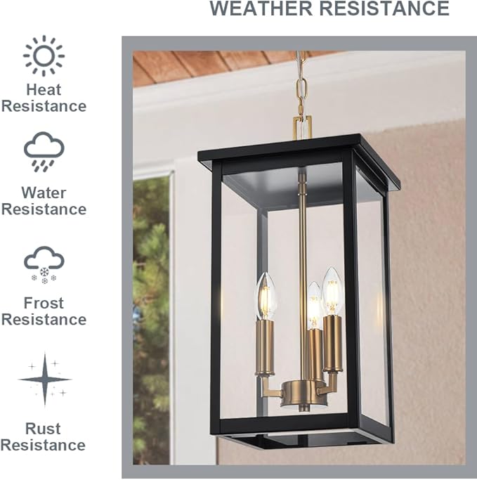 3-Lights Large Outdoor Pendant Lighting Clear Glass, Ceiling Porch Light Fxitures Adjustable Chain for Foyer Patio, Exterior Hanging Lantern Lamp, E12 Bulb Base, Black & Bruhed Brass