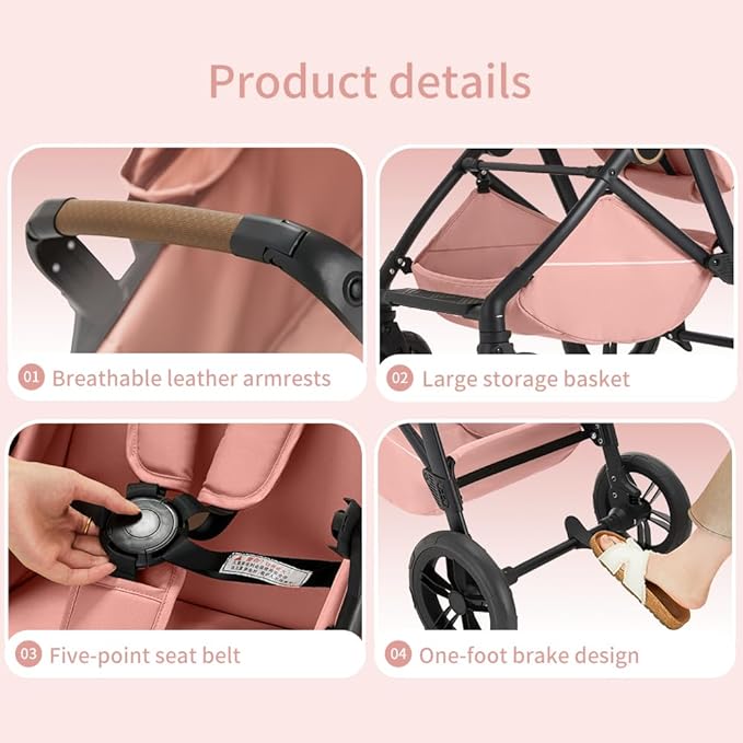 2 in 1 Baby Stroller, High Landscape Infant Stroller Pram Foldable Pushchair with Adjustable Canopy, Storage Basket,5-Point Harness,Mom Bags (Black)