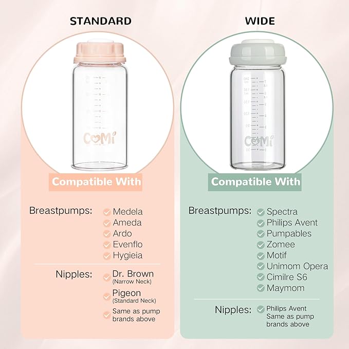 COMI Natural Glass Baby Bottle,Standard Neck Breastmilk Storage Bottle for Fridge,Breast Milk Container,Breast Pump Bottle Compatible with Medela Breast Pump,BPA Free,6PCS (5oz,3 Gray+3 Pink)