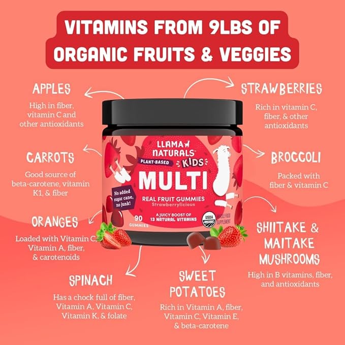 Llama Naturals Kids Multivitamin Gummies, Vegan, Organic with Vitamin D, C & K, Toddler Real Fruit Gummy Vitamins, Chewable Supplement, Whole Food Multivitamin, No Added Sugar Cane, Strawberry, 2 Pk