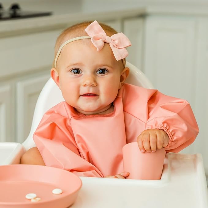 Tiny Twinkle Long Sleeve Bib for Babies & Toddlers – 2 Pack Waterproof Smock Bibs for Eating – Machine Washable & Mess-Proof, Baby Feeding Essential & Shower Must-Have (Peach Terracotta,6–24M)