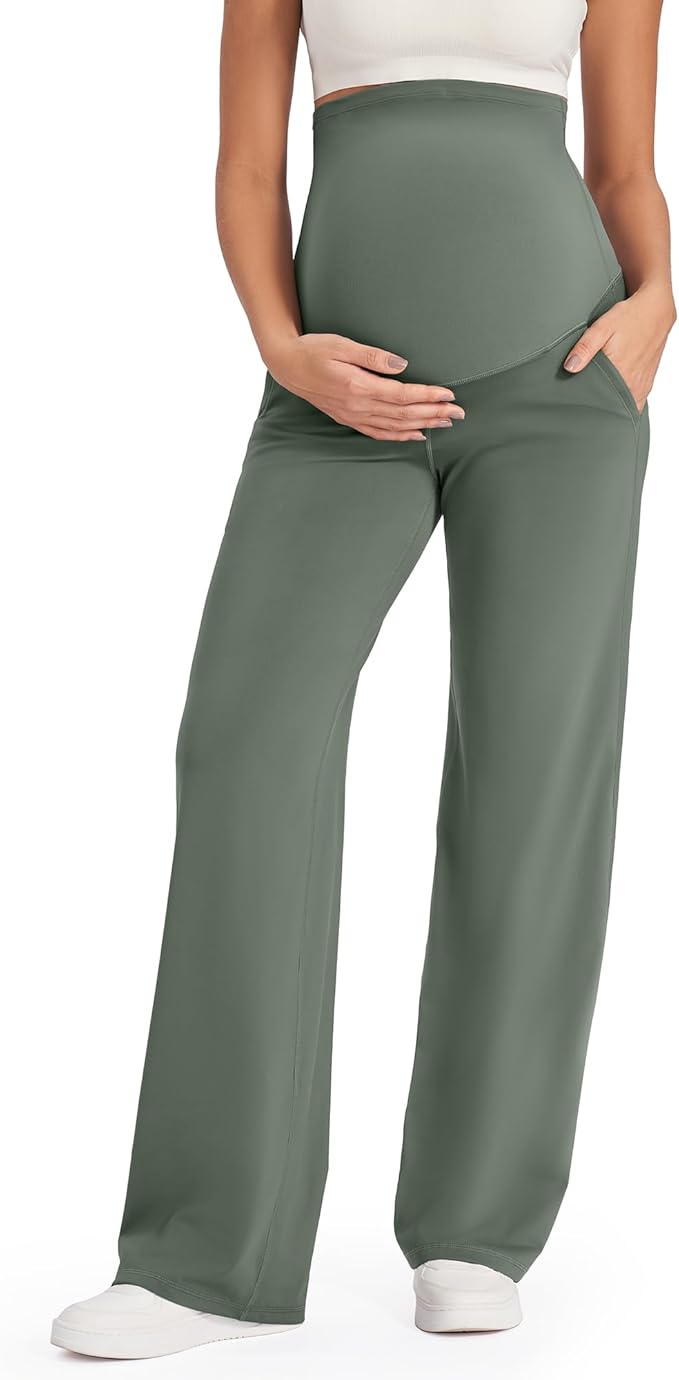 G4Free Maternity Pants Over The Belly Yoga Dress Work Pregnancy Pants Stretchy Lounge Wide Leg Trousers with Pockets