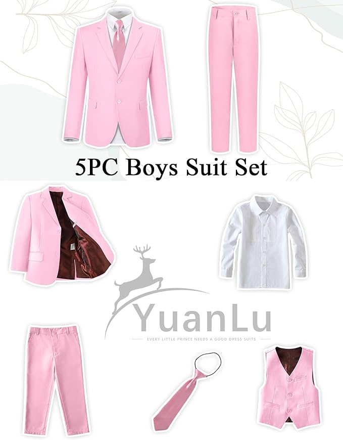 YuanLu Boys Suit for Kids Tuxedo Wedding Ring Bearer Outfit, 5 Piece Boy Slim Fit Formal Suits with Adjustable Waist