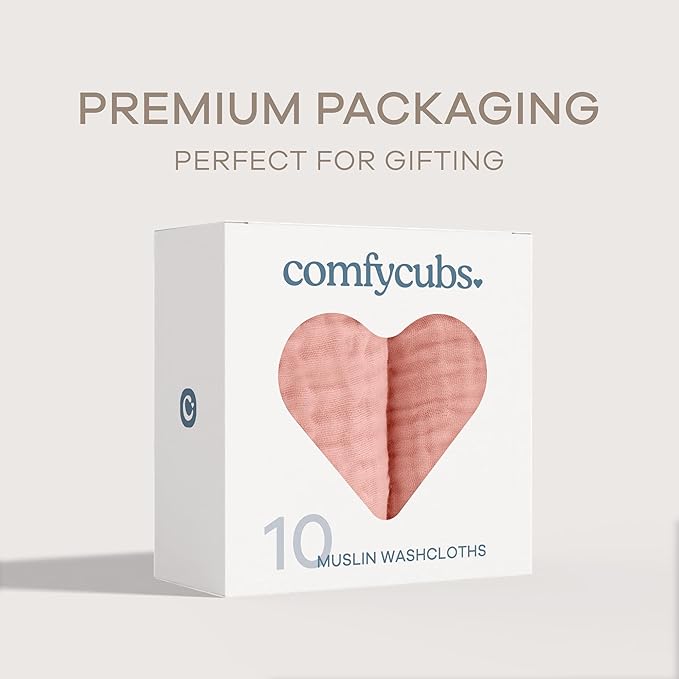 Comfy Cubs Muslin Baby Washcloths 10 Pack - Soft 6-Layer Cotton Wash Cloths for Sensitive Skin - 10"x10" Large, Gentle, Absorbent Infant Essentials for Newborn and Toddlers - Bold Blush