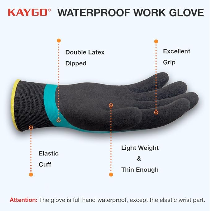 KAYGO Waterproof Work Gloves for Men and Women, Rubber Coated Non-slip Working Gloves for Garden, Outdoor Construction,3 pairs,Blue,XL