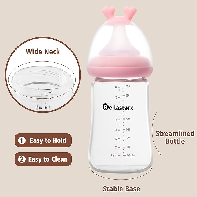 Glass Baby Bottles with Natural Response Nipple Size M - Anti Colic Baby Bottles Wide Neck Slow Flow Baby Bottle (Multicolor, 8oz (Pack of 2))