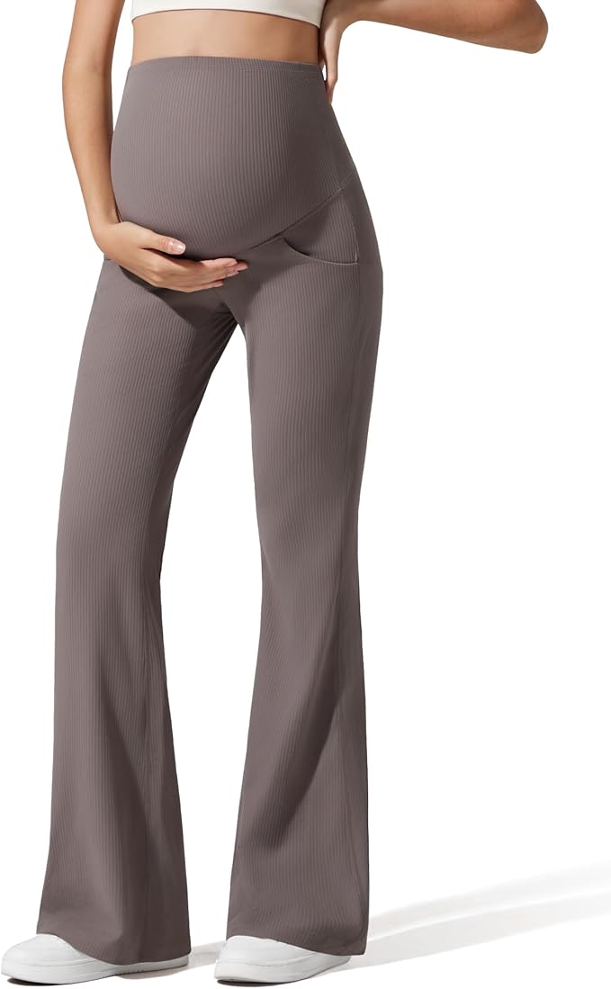 G4Free Ribbed Maternity Flare Yoga Pants with Pockets Over The Belly Pregnancy Bell Bottom Leggings