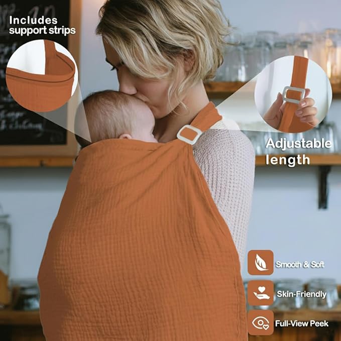 Muslin Nursing Covers for Breastfeeding, Arch Neckline Breast Feeding Covers for Women, Moms Privacy Breathable Summer Nursing Apron, 43.3" x 25.6" Soft Feeding Cover (Orange Red)