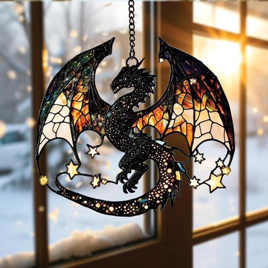 Fantasy Dragon Acrylic Suncatcher Stained Glass Effect Window Car Hanging Christmas Ornament Indoor Outdoor Decor Garden Sun Catcher Panel Gifts for Dragon Lover for Women Mom Grandma