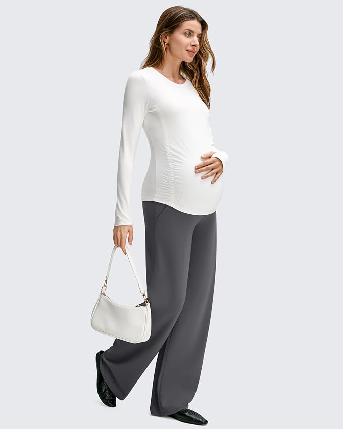 G4Free BareFeel Maternity Dress Yoga Pants with Pockets Over The Belly Stretchy Work Slack Pregnancy Wide Leg Casual Trousers
