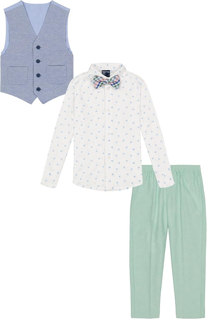 Nautica Boys' 4-Piece Formal Suit Set with Vest, Pants, Collared Dress Shirt, and Tie