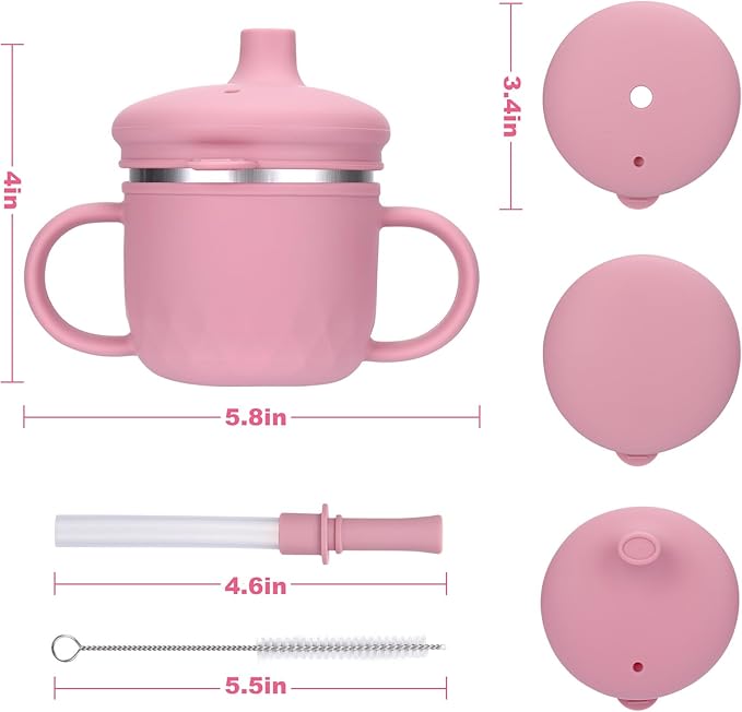 BUSOHA Stainless Steel Sippy Cups - 3 IN 1 Silicone Sippy Cup for Toddlers Baby Straw Cup with Brush Kids Cups with Lid and Silicon Straw Anti-Drop Spill Proof Cups for Travel,8 oz, Pink