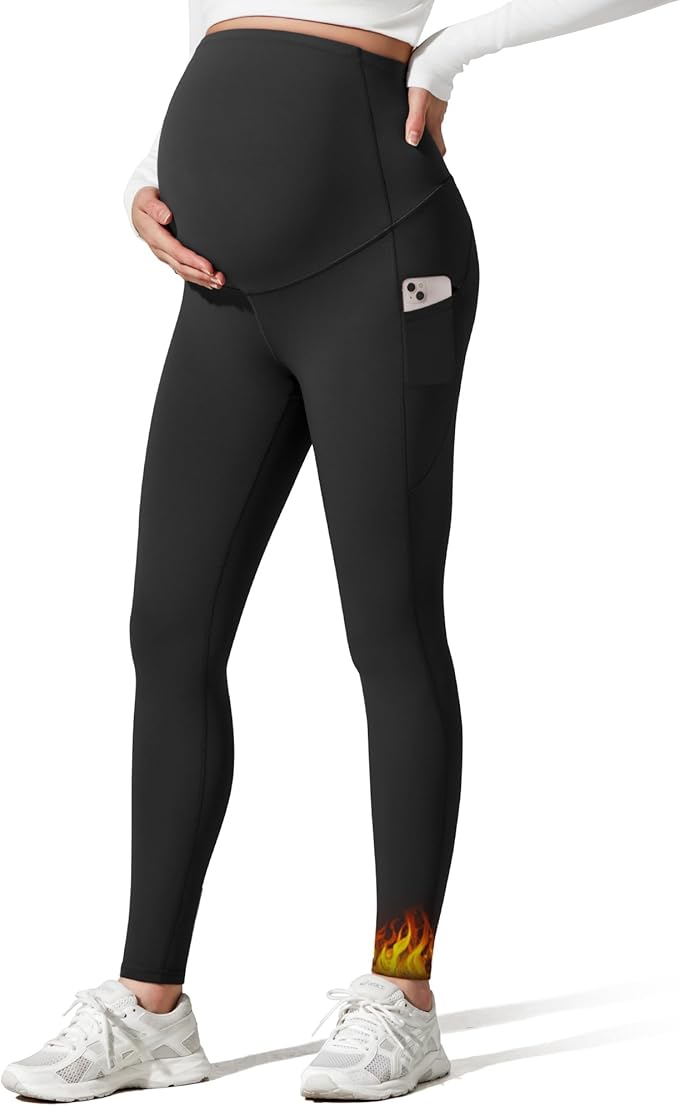 G4Free Barefeel Fleece Lined Maternity Leggings with Pockets Over The Belly Pregnancy Yoga Pants