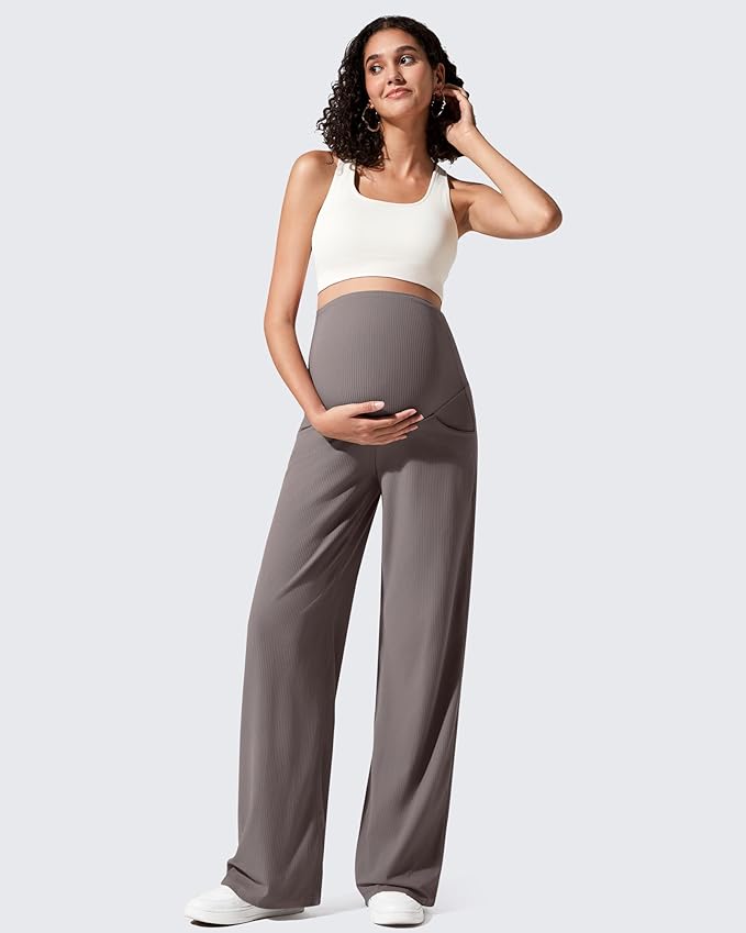 G4Free Ribbed Maternity Yoga Pants with Pockets Over The Belly Wide Leg Casual Pregnancy Lounge Trousers
