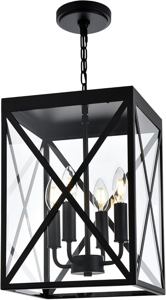 Black Outdoor Pendant Light 4 Lights Outside Pendant Hanging Light Fixture Ceiling Mount with Clear Glass Industrial Hanging Chandelier Latern for Porch,Entryway,Doorway,Farmhouse