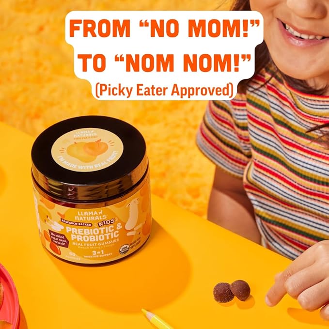 Llama Naturals Kids Probiotic with Prebiotic Fiber, Vegan, Organic Prebiotics and Probiotics Gummies for Gut Health Support, Toddler Real Fruit Gummy Vitamins, No Added Sugar Cane, Peach Mango, 60 Ct