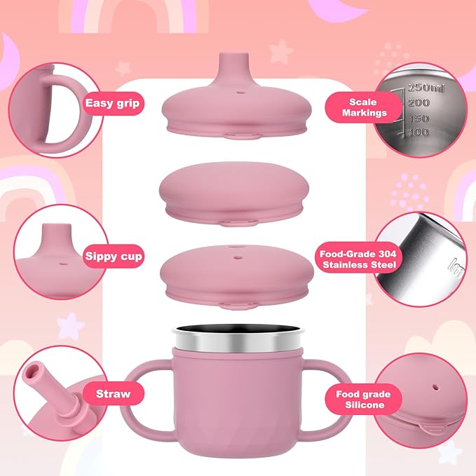 BUSOHA Stainless Steel Sippy Cups - 3 IN 1 Silicone Sippy Cup for Toddlers Baby Straw Cup with Brush Kids Cups with Lid and Silicon Straw Anti-Drop Spill Proof Cups for Travel,8 oz, Pink