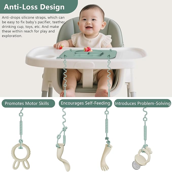 1 Pack Silicone Mat for Babies, Baby Placemat Built-in Suction Base and Equipped 4 Toy Straps & Anti-Peel Design, Activity Mat for Infants to Toddlers, Keeps Babies Essentials Off The Floor, Green