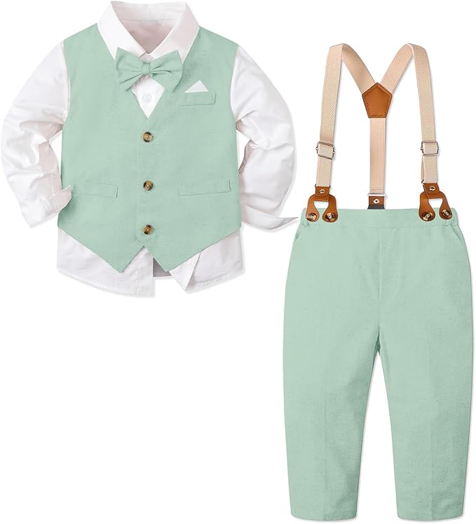 SANGTREE Boys Cotton Linen Suit Formal Set Baby Clothes Boy Gentleman Wedding Ring Bearer Outfits, 3 Months - 9 Years