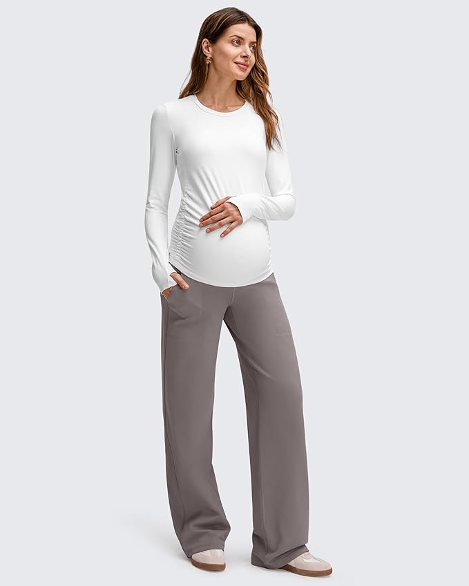 G4Free EverGoing Fleece Lined Maternity Wide Leg Pants Over The Belly Pregnancy Trousers with Pockets