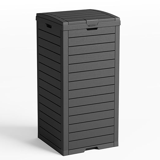 31 Gallon Outdoor Trash Can with Tiered Lid and Drip Tray,Waterproof Resin Waste Bin Indoor,Durable,Stylish,Lightweight Garbage Bin for Patio,Kitchen,Backyard and Office(Black)