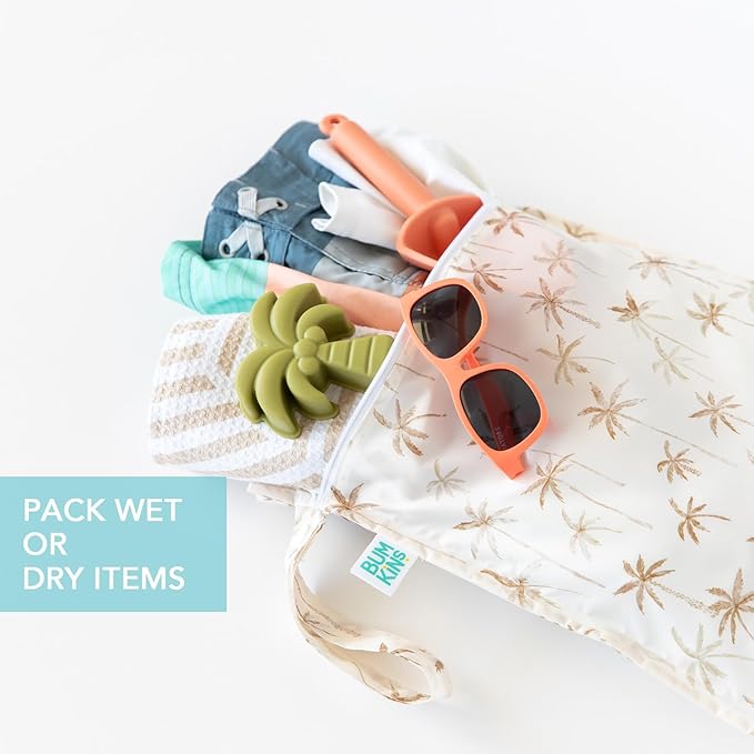Bumkins - Waterproof Wet Bag & Clear Travel Bags - For Beach, Baby, Travel, Swim Suit, Cloth Diapers, Pump Parts, Pool, Gym, Toiletries - Reusable & Easy to Clean - Palm Trees - 4 Pack