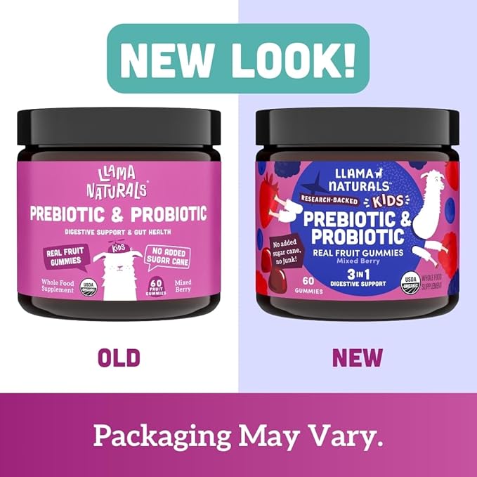 Llama Naturals Kids Probiotic with Prebiotic Fiber, Vegan, Organic Prebiotics and Probiotics Gummies for Gut Health Support, Toddler Real Fruit Gummy Vitamins, No Added Sugar Cane, Mixed Berry, 60 Ct