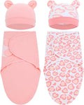 Cinaci 2 Pack Adjustable Soft Cotton Blend Newborn Baby Receiving Swaddle Blankets Sleep Sacks with Nursery Hats Caps Beanies Bonnets for Baby Girls Boys Newborns Infants