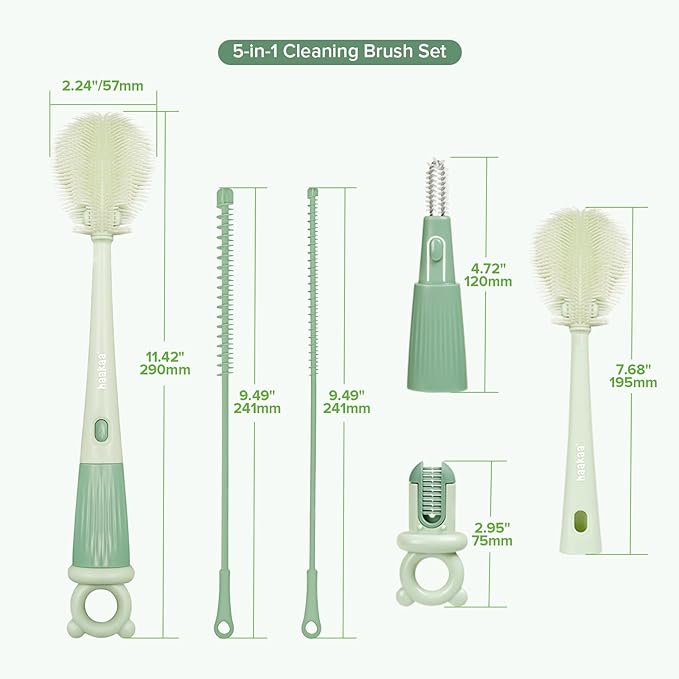 Haakaa 5-in-1 Cleaning Brush Set – Baby Bottle Brush & Bottle Brush Cleaner, Multi-Purpose 360° Comprehensive Cleaning for Breast Pumps, Breast Milk Collector, Baby Bottles, Nipples ,Straw – Portable