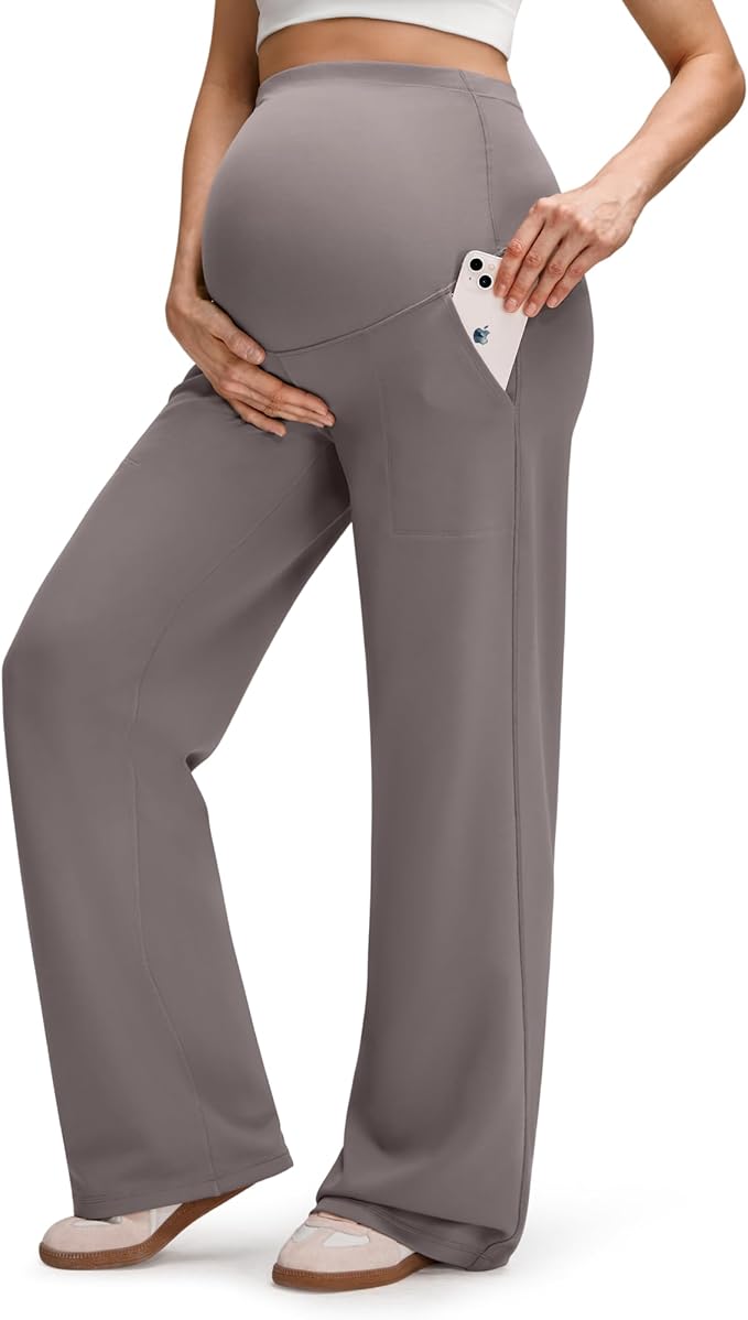 G4Free EverGoing Fleece Lined Maternity Wide Leg Pants Over The Belly Pregnancy Trousers with Pockets