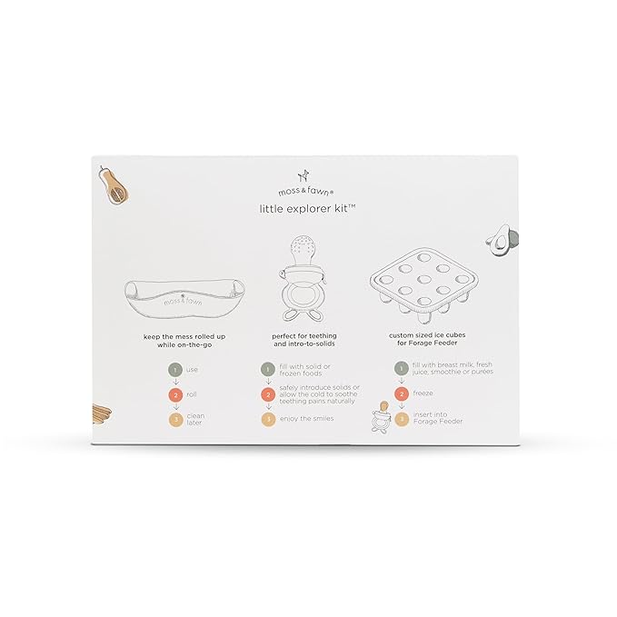 Moss and Fawn Little Explorer Kit - Silicone Frozen Breast Milk Popsicle Kit with Forage Feeder, Teething Popsicle Ice Cube Tray, & Gather & Roll Baby Feeding Bib - BPA, PVC, & Lead-Free - Terracotta