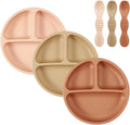 PandaEar 3 Pack Toddler Plates with 3 Spoons, 100% Silicone Divided Suction Plate for Babies, BPA-Free, Dishwasher and Microwave Safe -Pink/Brown/Brick red