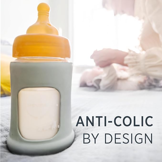 HEVEA Plastic-Free Wide Neck Glass Baby Bottle with Seafoam Blue Sleeve - Slow Flow Anti Colic Baby Bottles Newborn 0+ Months - BPA-Free, Single-Pack (5 Oz)