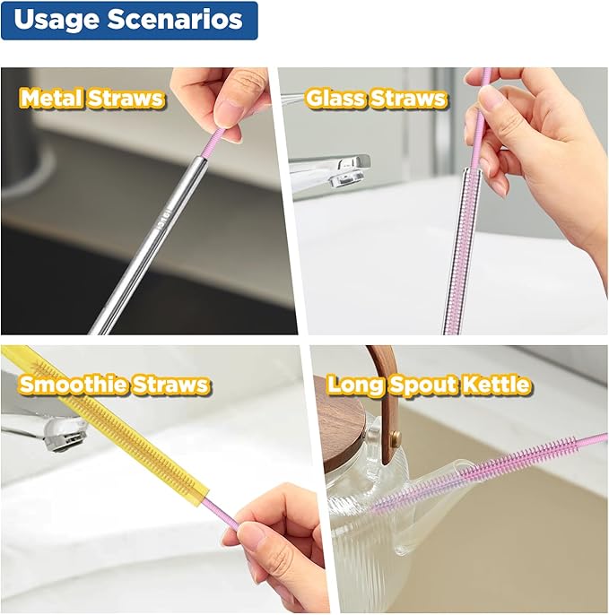 YOTIME Silicone Straw Cleaner Brush, 2Pcs Reusable Straw Brush Extra Long for Cleaning Tumbler with Handle and Glass Metal Smoothie Straws, Non-slip Handle Soft and Bendable, 6mm+9mm, Pink