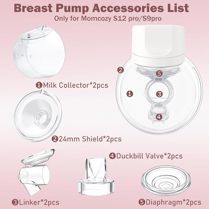 Two Full Milk Collector Cup Sets with 24mm Flange Compatible with Momcozy S12 Pro/S9 Pro Breast Pump, NOT for S9/S12, Replacement Pump Parts with Duckbill Valve, Flange, Diaphragm, Linker, Collector