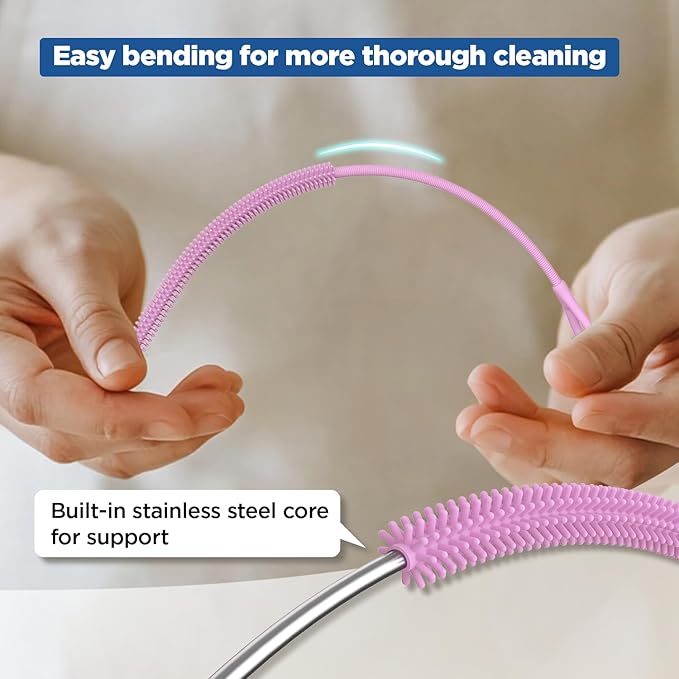 YOTIME Silicone Straw Cleaner Brush, 2Pcs Reusable Straw Brush Extra Long for Cleaning Tumbler with Handle and Glass Metal Smoothie Straws, Non-slip Handle Soft and Bendable, 6mm+9mm, Pink