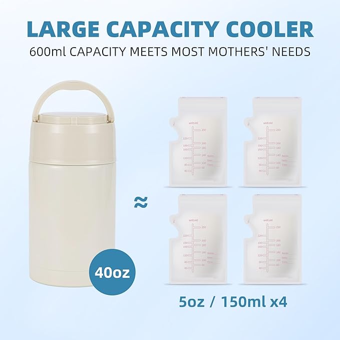 Portable Breast Milk Cooler, Stainless Steel Breastmilk Storage Keeps Breastmilk Cold for up to 24 Hours, Breast Milk Chiller Included Ice Pack for Women Outdoor Travel - White
