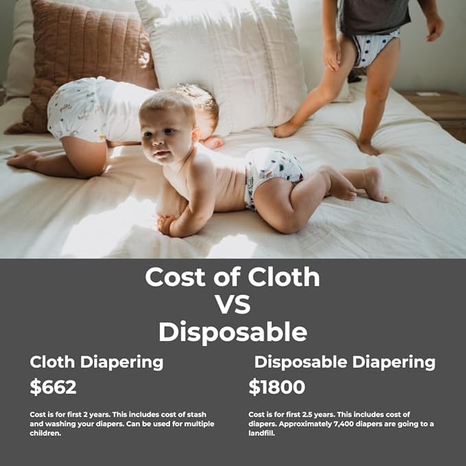 Nora's Nursery Cloth Diapers 7 Pack with 7 Inserts & 1 Wet Bag - Waterproof Cover, Washable, Reusable & One Size Adjustable Pocket Diapers for Newborns and Toddlers - Oasis