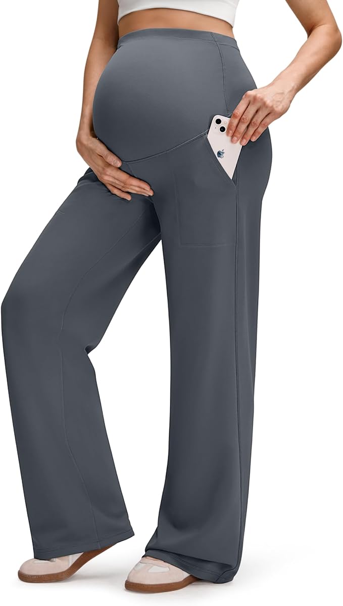 G4Free EverGoing Fleece Lined Maternity Wide Leg Pants Over The Belly Pregnancy Trousers with Pockets