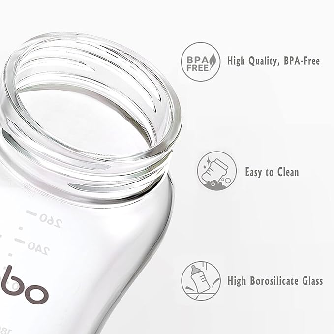 YOHKOH Natural Glass Baby Bottle with Natural Response Nipple, Newborn Anti-Colic Baby Bottles, Wide Neck Mushroom Cap Baby Bottle, Clear (8.8oz (Pack of 2), Red-A)